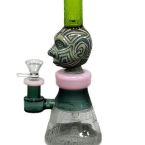 Mayan Face Beaker Bottom Waterpipe Etched Design W/ Bottom Perc