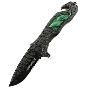Hunt-Down 8.5" Green spring assisted folding knife Belt Cutter G