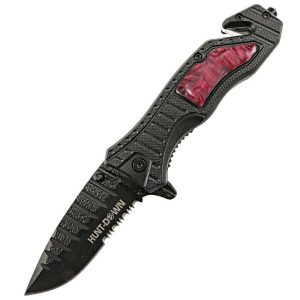 Hunt-Down 8.5" Red spring assisted folding knife Belt Cutter Gla