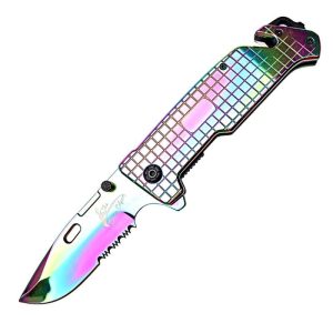 TheBoneEdge 8.5" Shiny Rainbow Drop Point Blade Spring Assisted