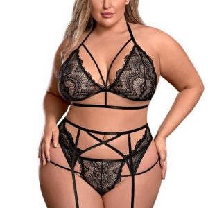 Exposed Lingerie Triangle Bra, Garter & Panty Set Black Queen