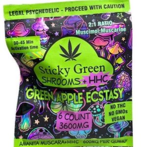 Sticky Green Shroom+HHC 3600mg Gummies 6ct Green Apple Ecstasy