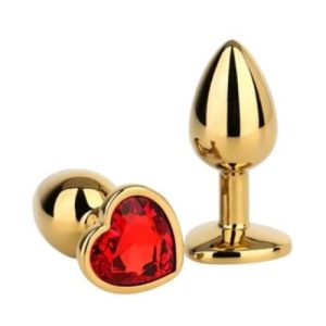 Ouch! Heart Gem Metal Butt Plug Medium Gold Ruby Red