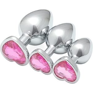 Ouch! Heart Gem Metal Butt Plug Large Silver Rubellite Pink